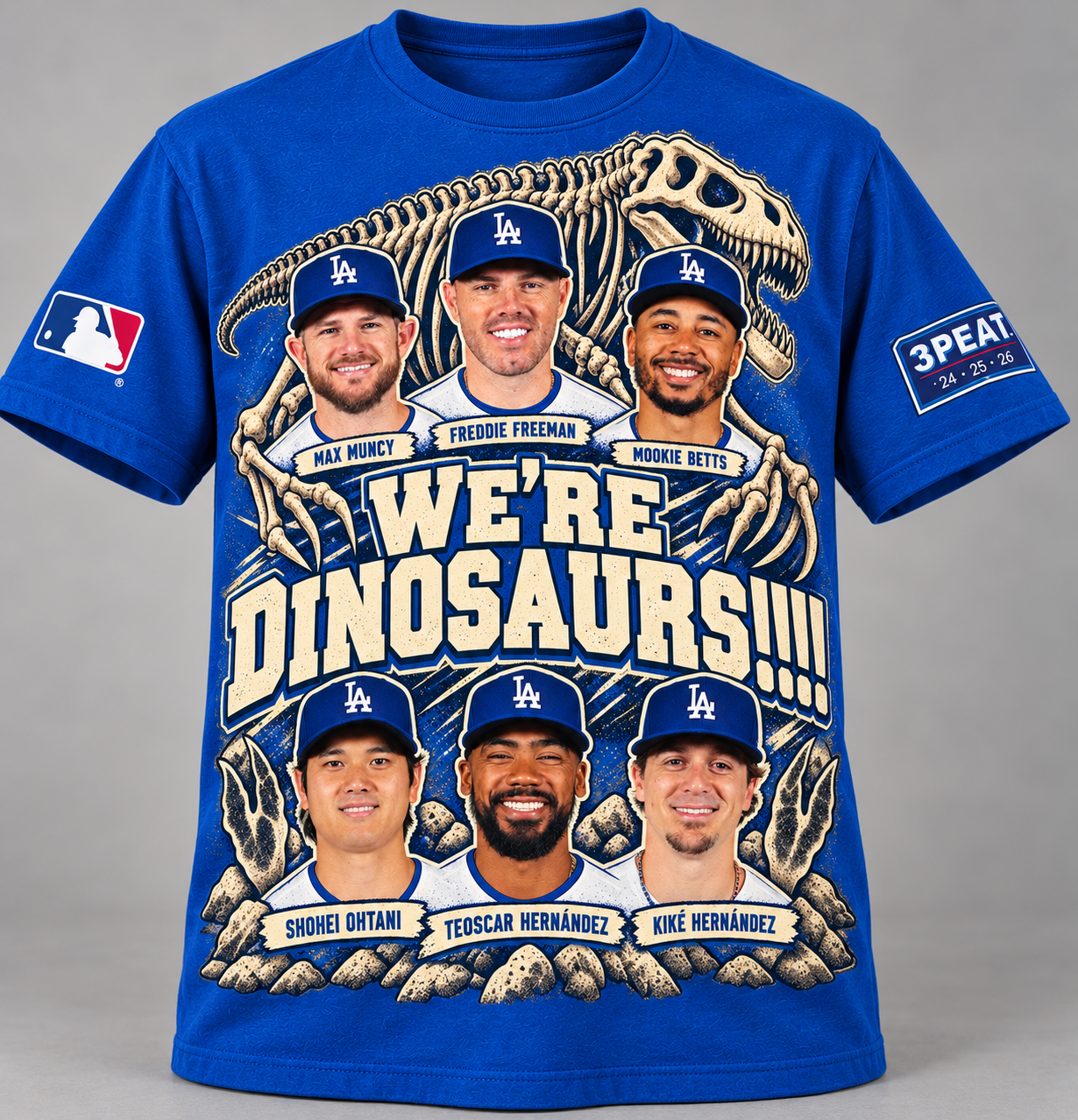 Dodger Blue We're Dinosaurs shirt, front view